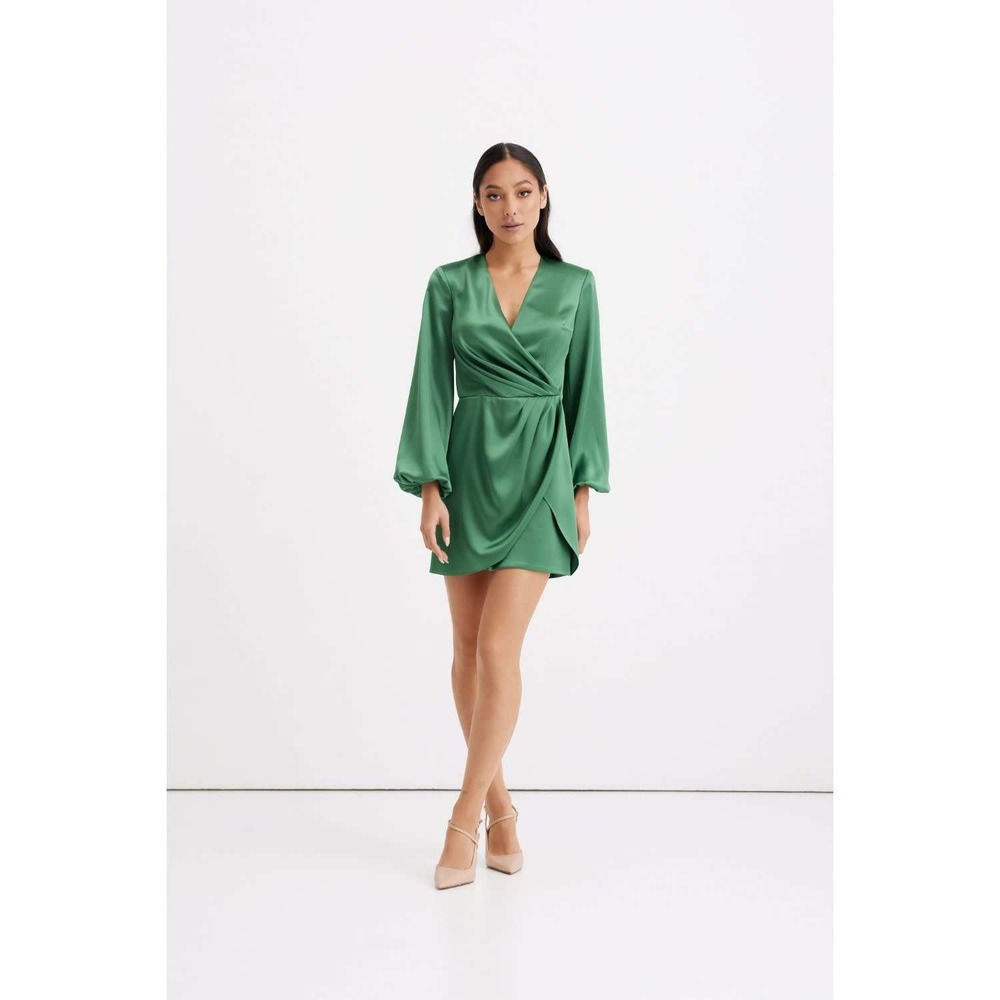 L Love Green Satin Wrap Mini Dress Long Sleeve V-Neck Emerald Cocktail Party(42)